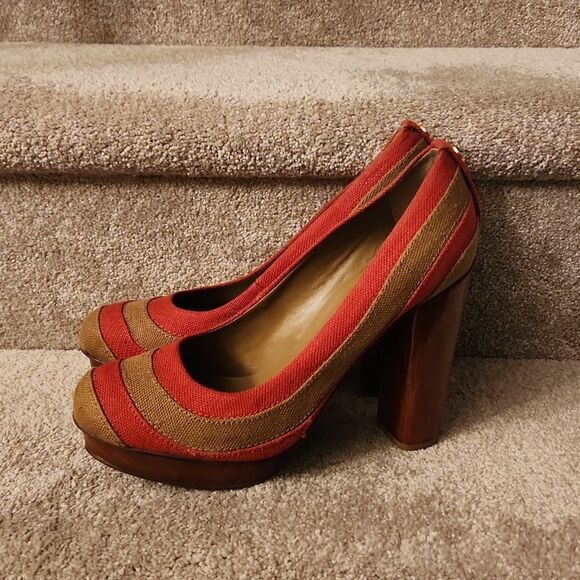 Tory Burch Women's "Joelle" Red & Tan Stacked Wood Heel Pumps Size 10.5 - Picture 1 of 7